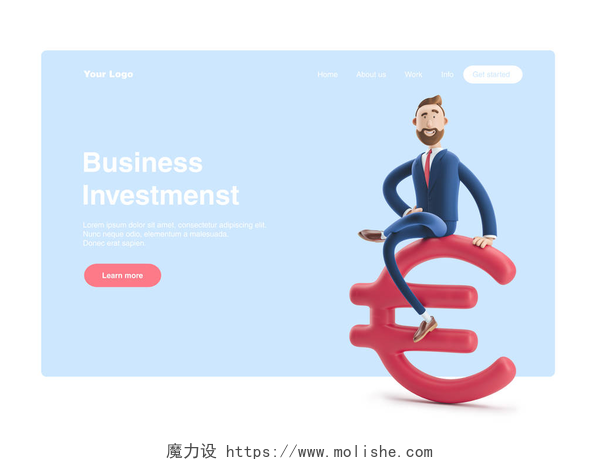 大欧元标志3d 插图。商人比利与大欧元标志。网页横幅、起始网站页面、信息图表、业务投资概念.
